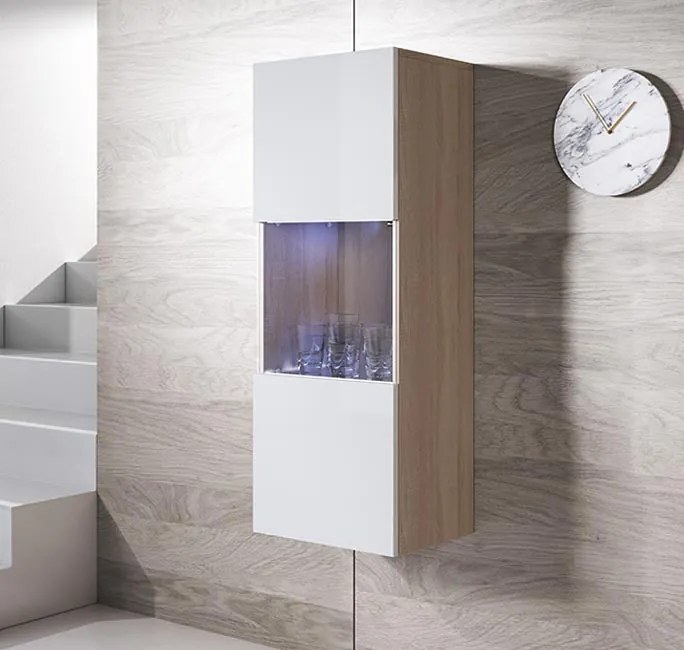 Vitrine de Parede Évora – 40x126 cm – Sonoma e Branco com LED Azul