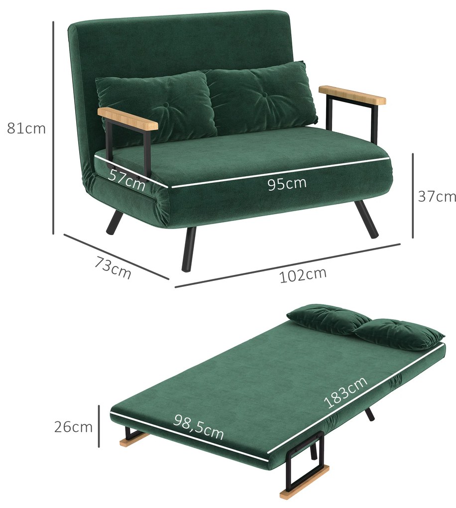 Sofá Cama Sofá Convertível em Cama de 2 Lugares Dobrável com Encosto Ajustável em 5 Níveis e 2 Almofadas 102x73x81 cm Verde