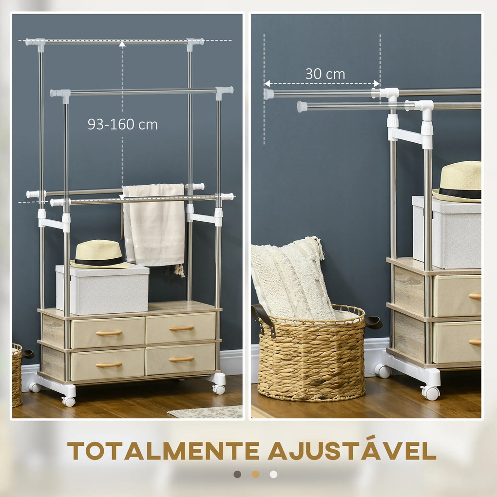 Guarda Roupa com Rodas Altura Ajustável Barras Extensíveis e 4 Gavetas de Tecido  88-148x42x93-160 cm Bege