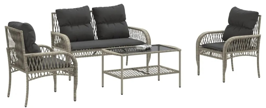 4 pcs conj. sofás jardim c/ almofadões vime PE cinzento-claro