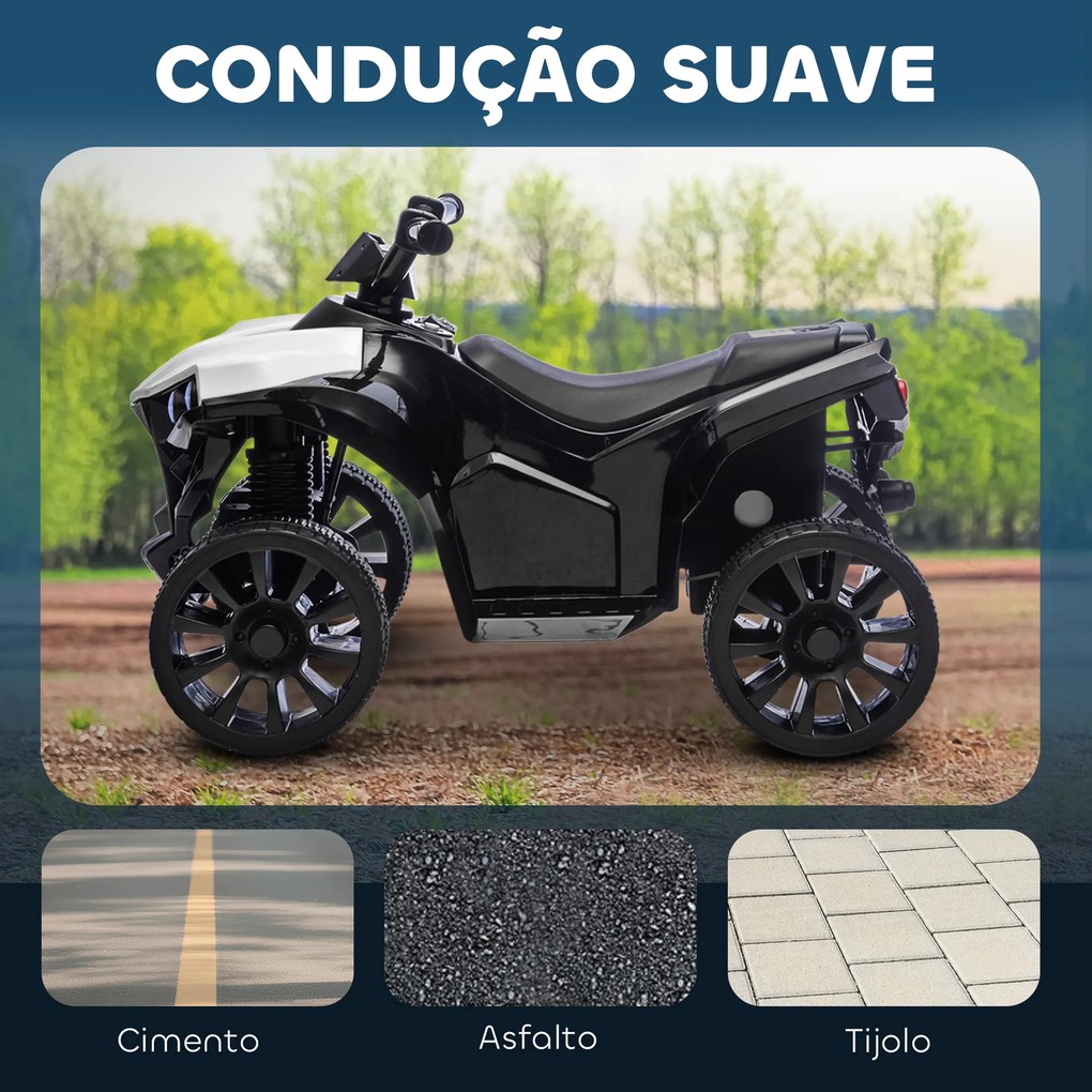 Moto 4 Elétrica Infantil 6V Quad para Crianças dos 37 aos 72 Meses Velocidade até 3 km/h Faróis e Música 70x42x45 cm Branco