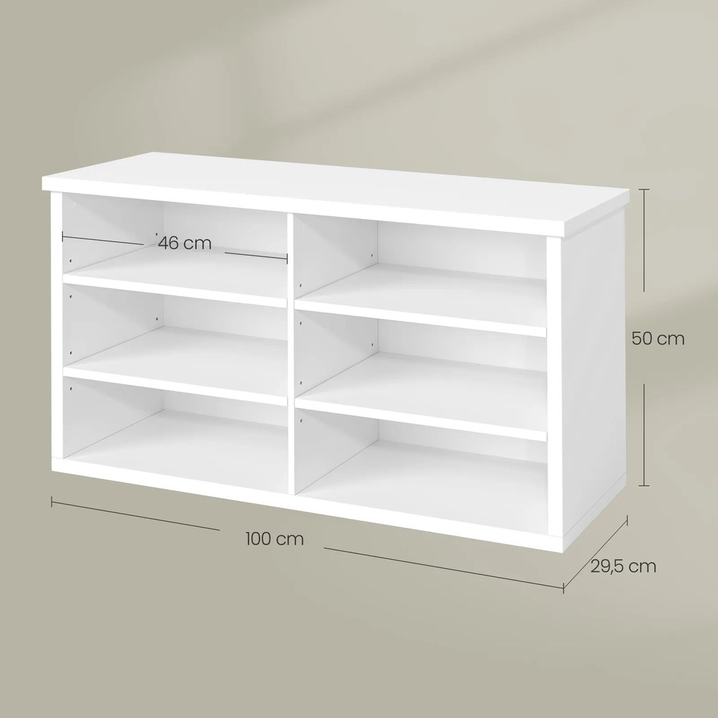 Banco arrumação para sapatos com banco 29,5 x 100 x 50 cm, compartimentos ajustáveis, 6 prateleiras Branco