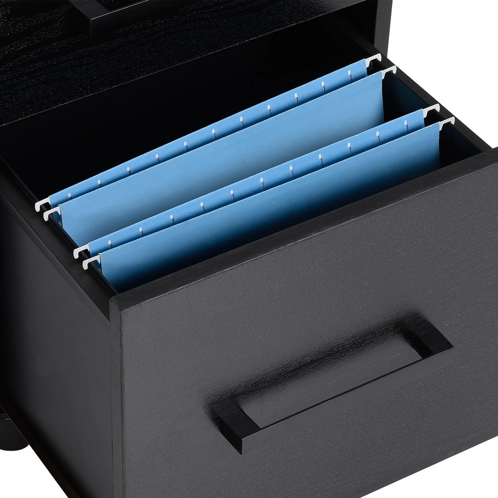 Bloco de gavetas de secretária com rodas, 3 gavetas (1 com fechadura) e 1 organizador de pastas, em MDF (painéis de partículas) preto