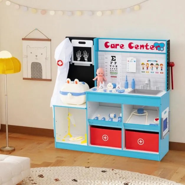 Consultório médico em madeira para Crianças 85 x 25 x 80 cm com área de exame, filme de raios X, monitor de ECG e tabela optométrica Azul