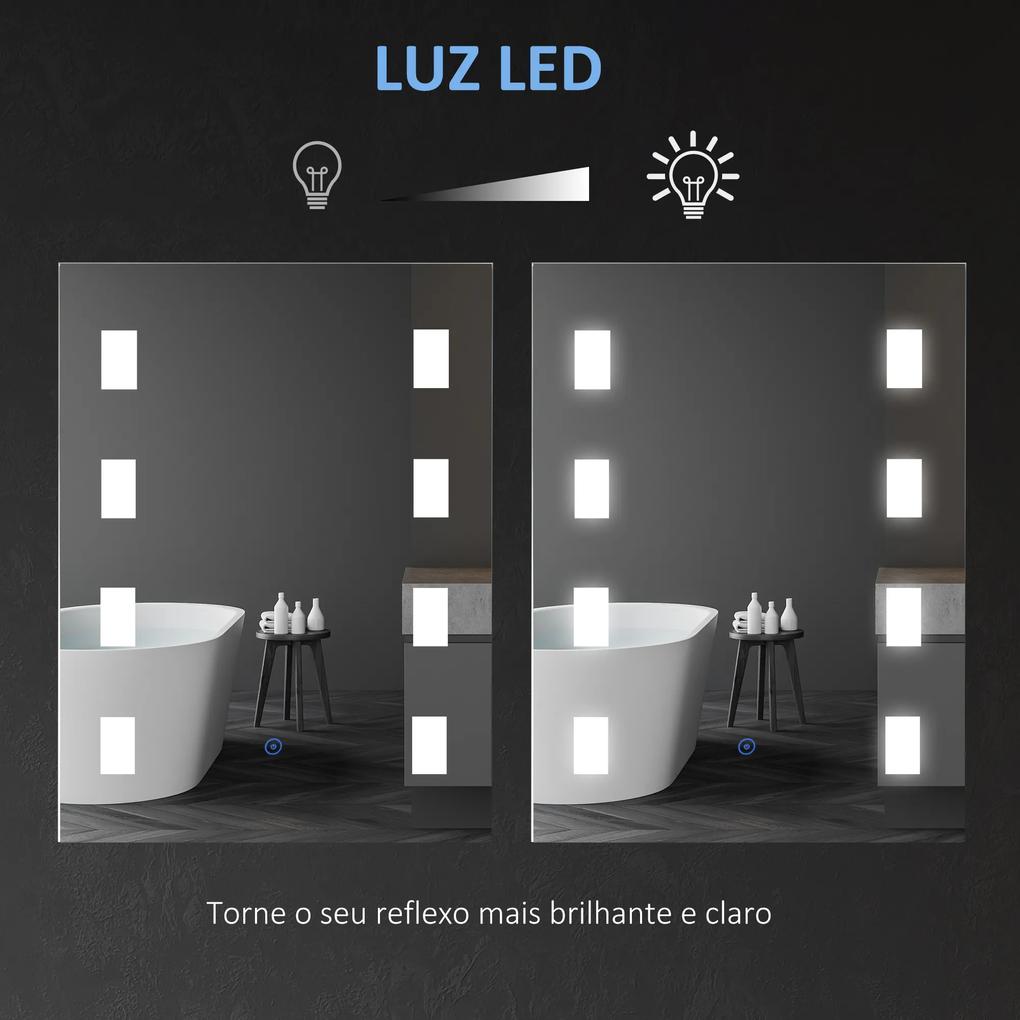 Espelho Casa de Banho com Luz LED 14,5W com Função Antiembaciamento Interruptor Tátil e Luzes Branco Frio 70x50 cm Prata