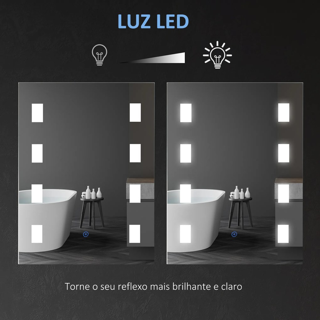 Espelho Casa de Banho com Luz LED 14,5W com Função Antiembaciamento Interruptor Tátil e Luzes Branco Frio 70x50 cm Prata