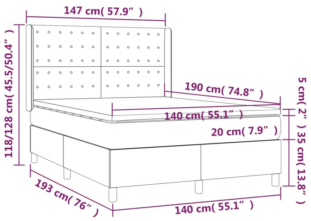 Cama box spring c/ colchão e LED 140x190 cm tecido cinza-escuro