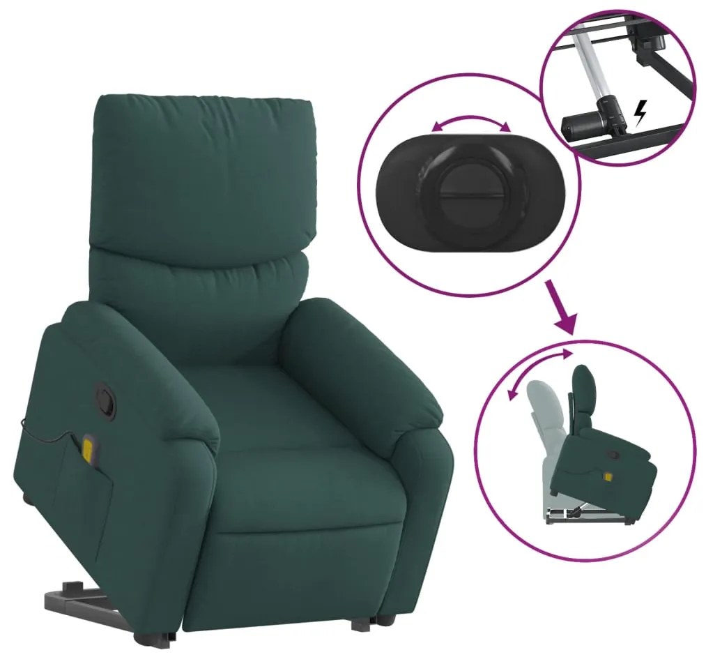 Poltrona reclinável elevatória de massagens tecido verde-escuro