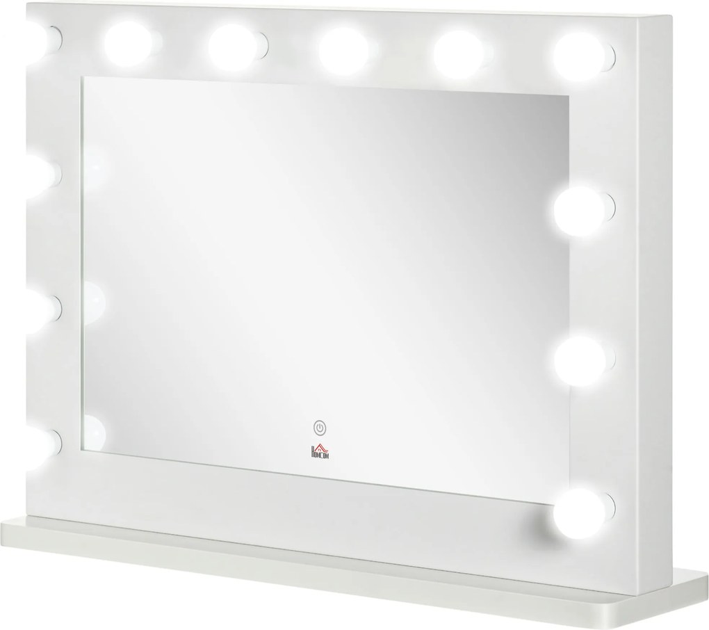Espelho de maquilhagem Hollywood iluminado com 12 LEDs táteis - luminosidade ajustável, função de memória - metal, MDF branco e vidro