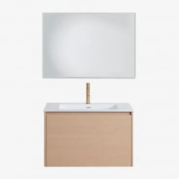 Conjunto De Móvel De Casa De Banho Suspenso Em Madeira Com Lavatório Integrado Jacob Madeira Natural & Led Retangular E Anti-embaciamento - Sklum