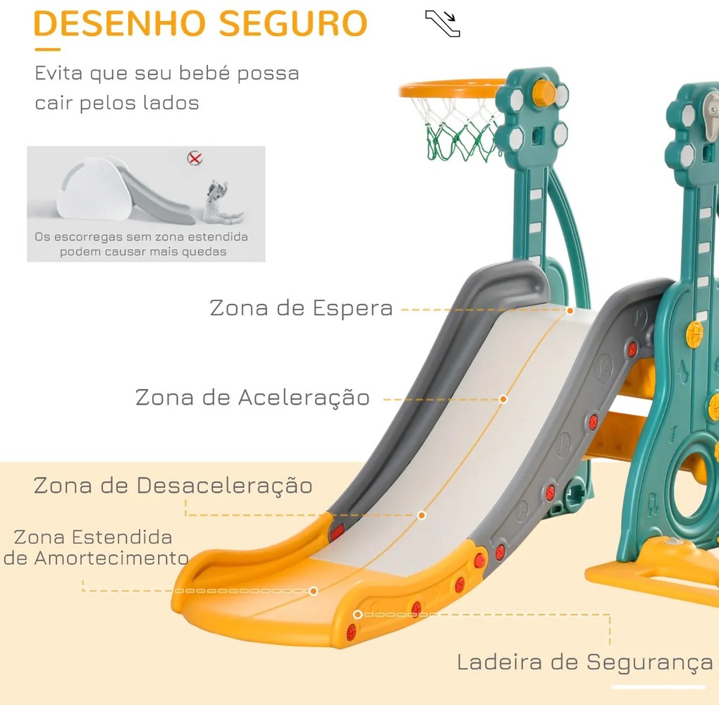 Escorega Infantil com Baloiço e Cesta de Basquetebol 3 em 1 para 18-36 Meses com Assento Ajustável Parque Infantil para Interior e Exterior 152x149x10