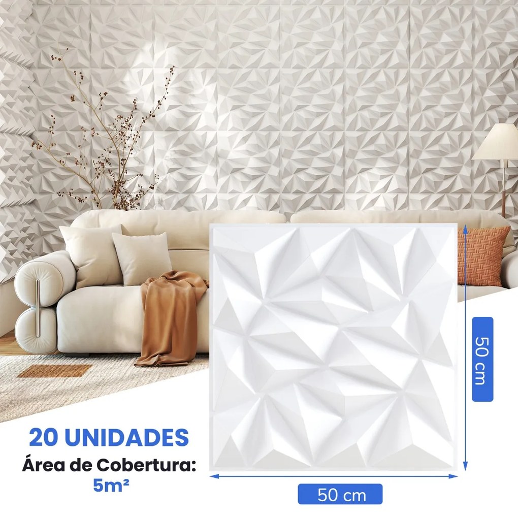 Conjunto de 20 painéis de parede 3D em forma de losango para sala de estar, quarto 50 x 50 x 5,5 cm branco