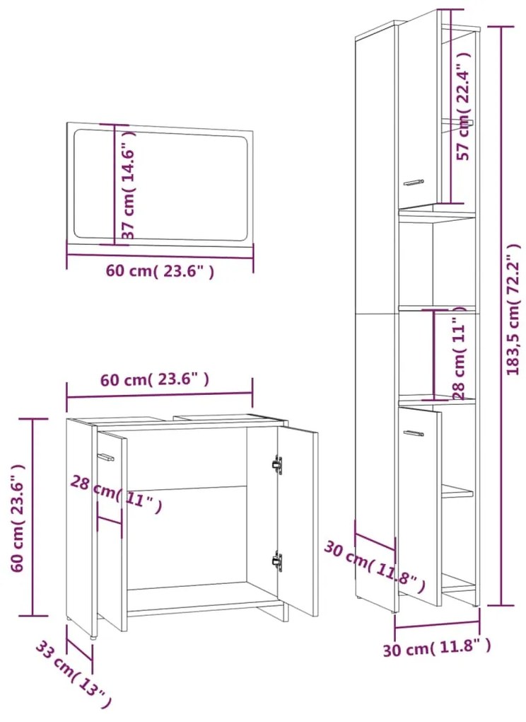 3 pcs Conjunto móveis casa de banho madeira proc. cinza sonoma
