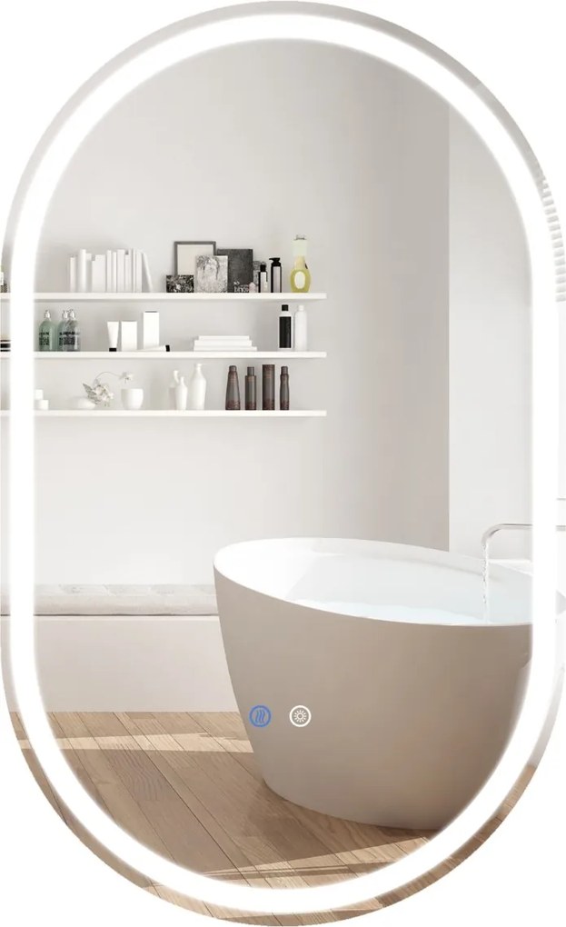 Espelho de casa de banho com iluminação, de parede, 90 x 55 cm, oval, sem moldura, com iluminação LED traseira, 3 modos de cor ajustáveis, antiembacia