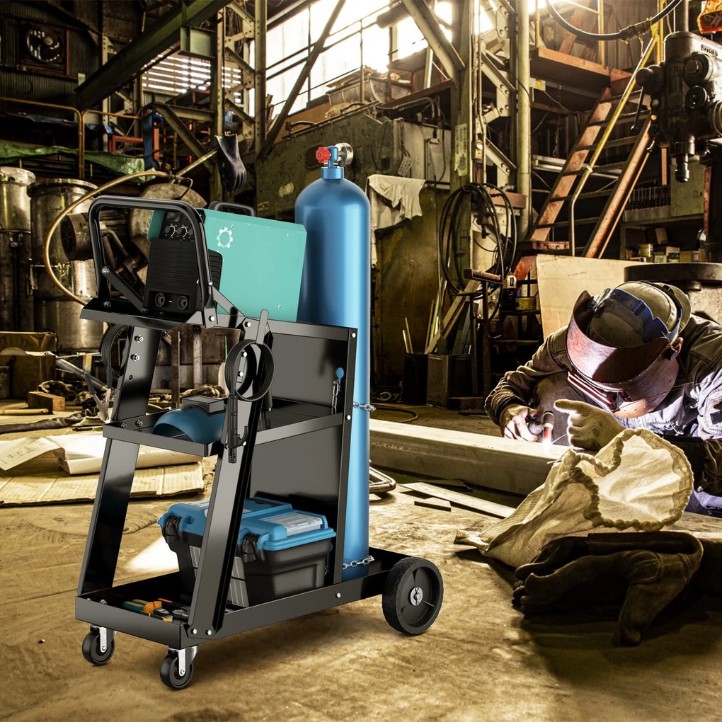 Caixa de ferramentas com rodinhas de alta capacidade 2 em 1 com alça e 4 rodas para garagem - preta