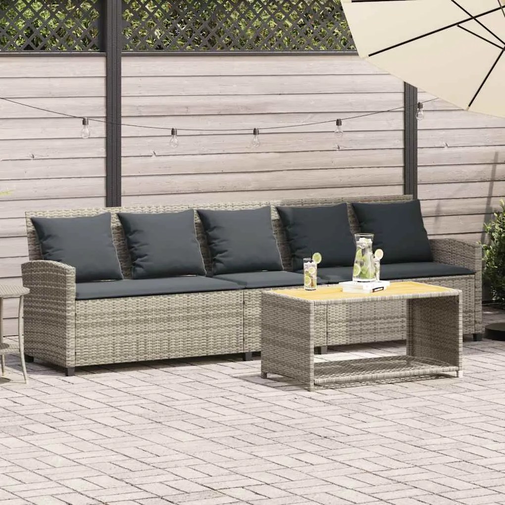 vidaXL Sofá de jardim de 5 lugares c/ almofadões vime PE cinza-claro