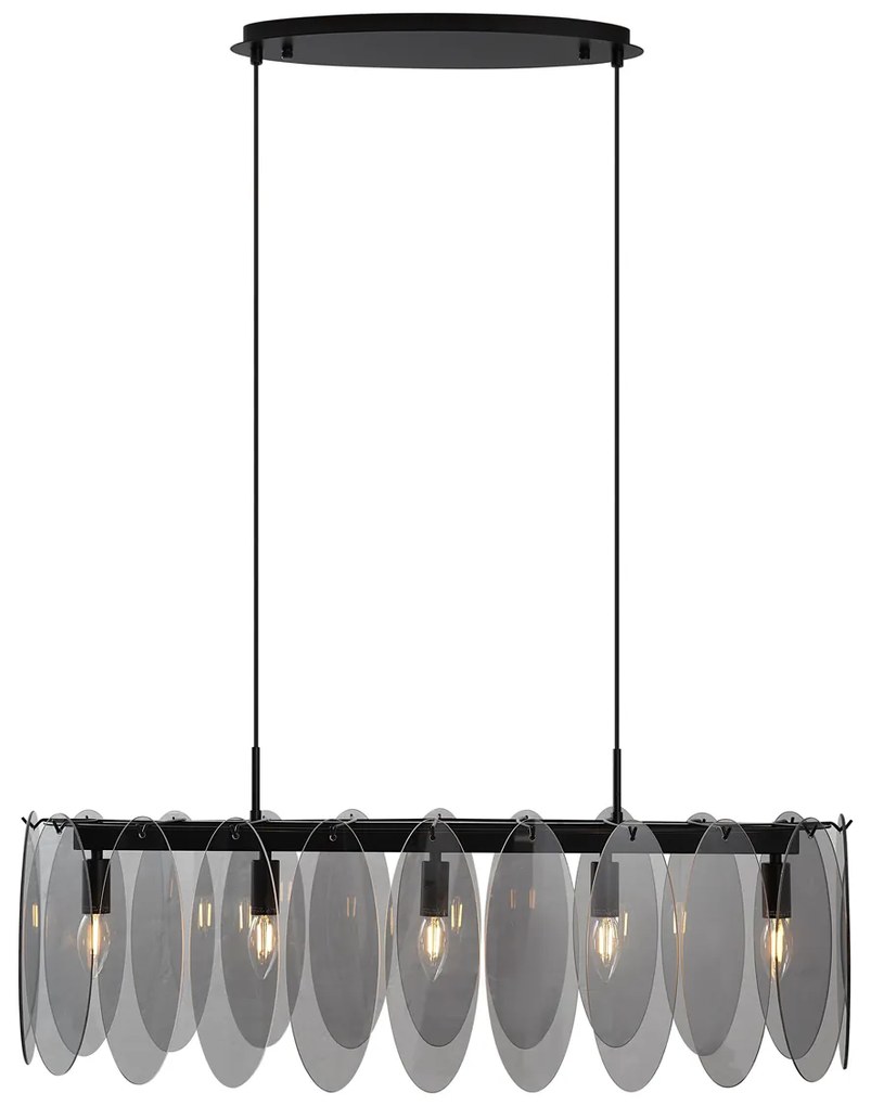 Candeeiro suspenso de design preto com vidro fumado oval 5-luzes - Mochan Design