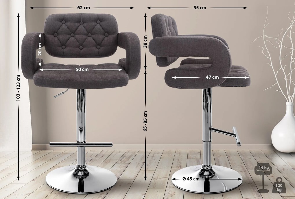 Banco de bar Dublin em tecido e com estrutura cromada 62 x 103-123 x 55 cm Cinzento escuro