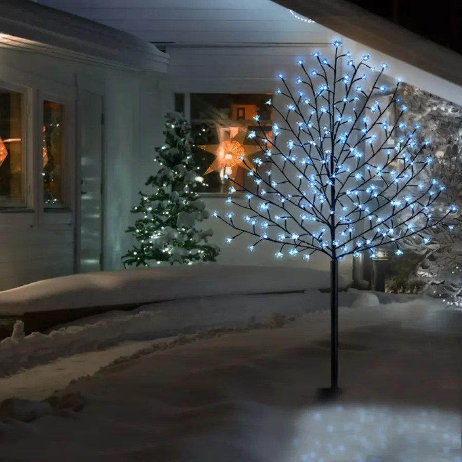 Árvore de cerejeira em flor com LEDs para interior e exterior de 220 cm Preto (base e estrutura) + Azul (luz)