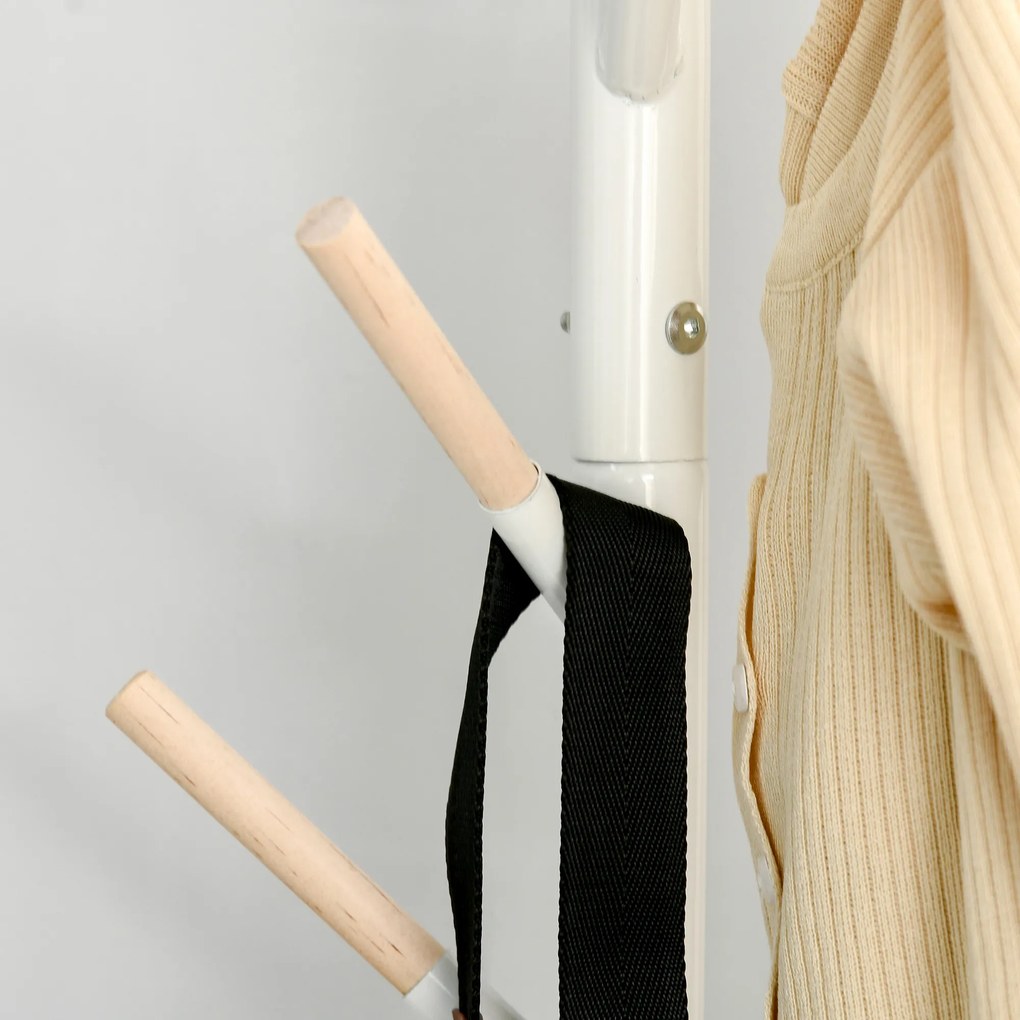 HOMCOM Cabide de Pé de Madeira Cabide de Pé com 6 Ganchos para Roupa Bolsas e Estrutura de Metal para Sala de Estar Entrada Dormitório 35x35x174cm Branco e Madeira