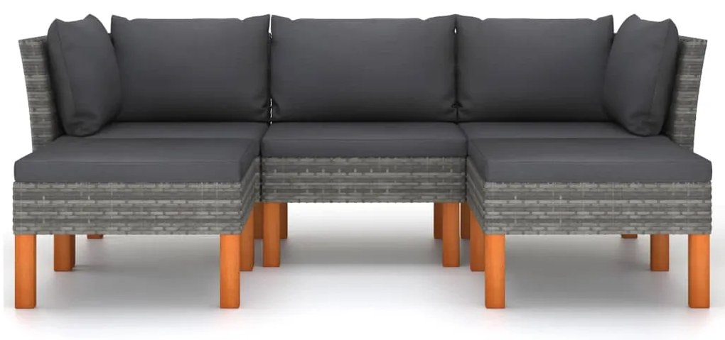 5 pcs conjunto lounge de jardim c/ almofadões vime PE cinzento