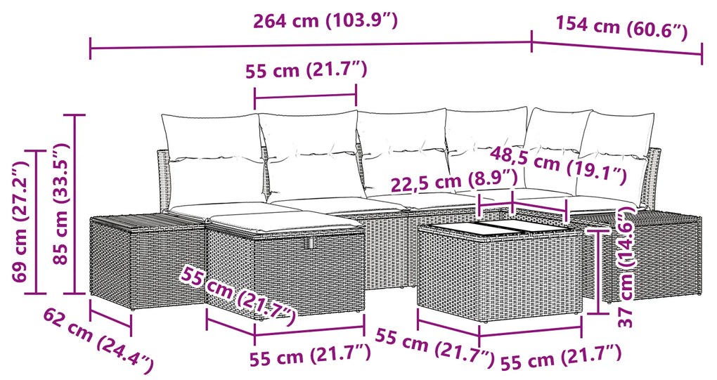 Conjunto de Sofá de Jardim de 7 Peças com Almofadas Bege Vime Poliéste