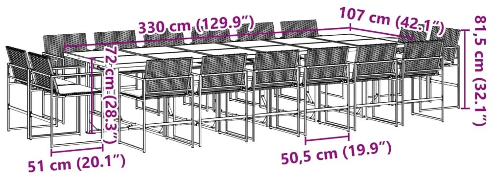 17 pcs conjunto de jantar p/ jardim c/ almofadões vime PE preto