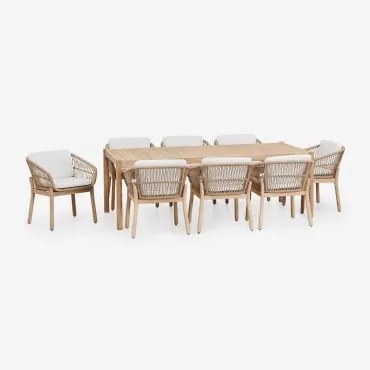 Conjunto De Mesa Retangular 220x100 Cm E 8 Cadeiras De Jardim Em Madeira De Acácia E Corda Trançada Karvia Marrom Acácia Claro & Tecido Branco - Sklum