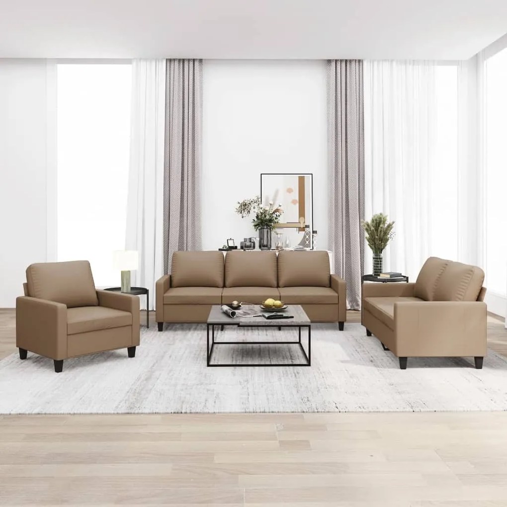 vidaXL 3 pcs conjunto sofás c/ almofadões couro artif. cor cappuccino