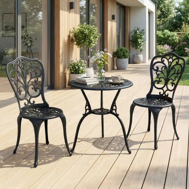 Conjunto de jardim de 3 peças em alumínio fundido: mesa e cadeiras com orifício para guarda-sol e encosto com design em forma de borboleta, para exter