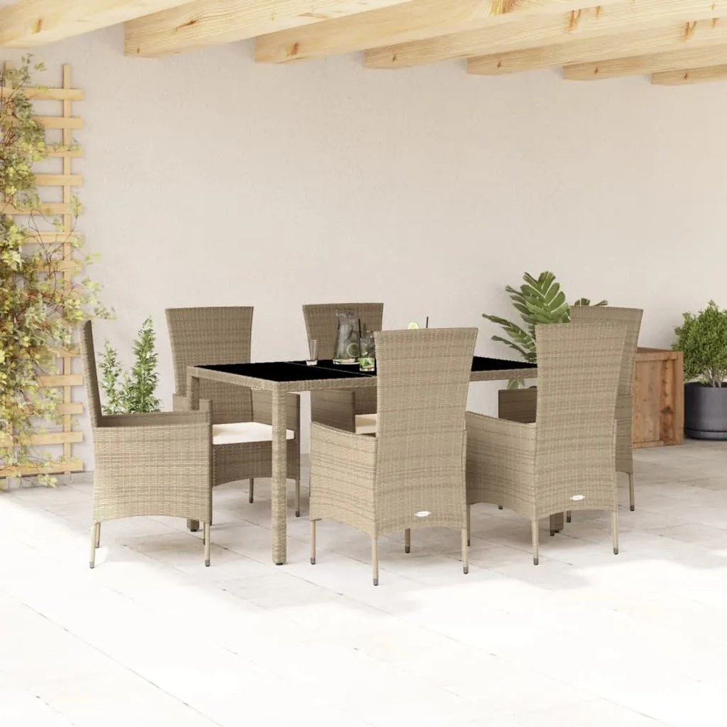 vidaXL 7 pcs conjunto de jantar p/ jardim com almofadões vime PE bege
