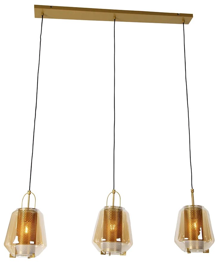 Candeeiro de suspensão dourado com vidro âmbar 23 cm oblongo 3-luzes - Kevin Art Deco