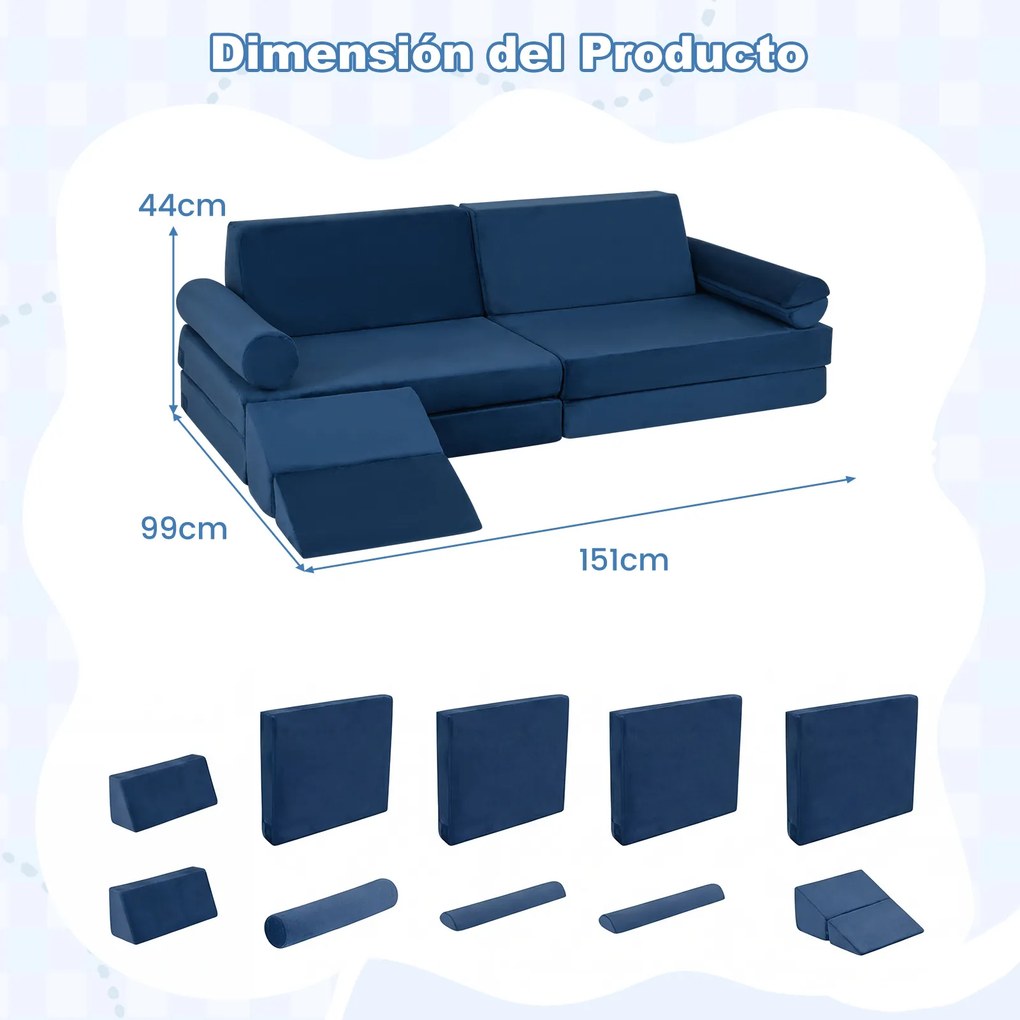 Sofá infantil modular de 10 peças 151 x 99 x 44 cm dobrável, com felpa macia e espuma elástica; capas com fechos de correr, laváveis na máquina, para