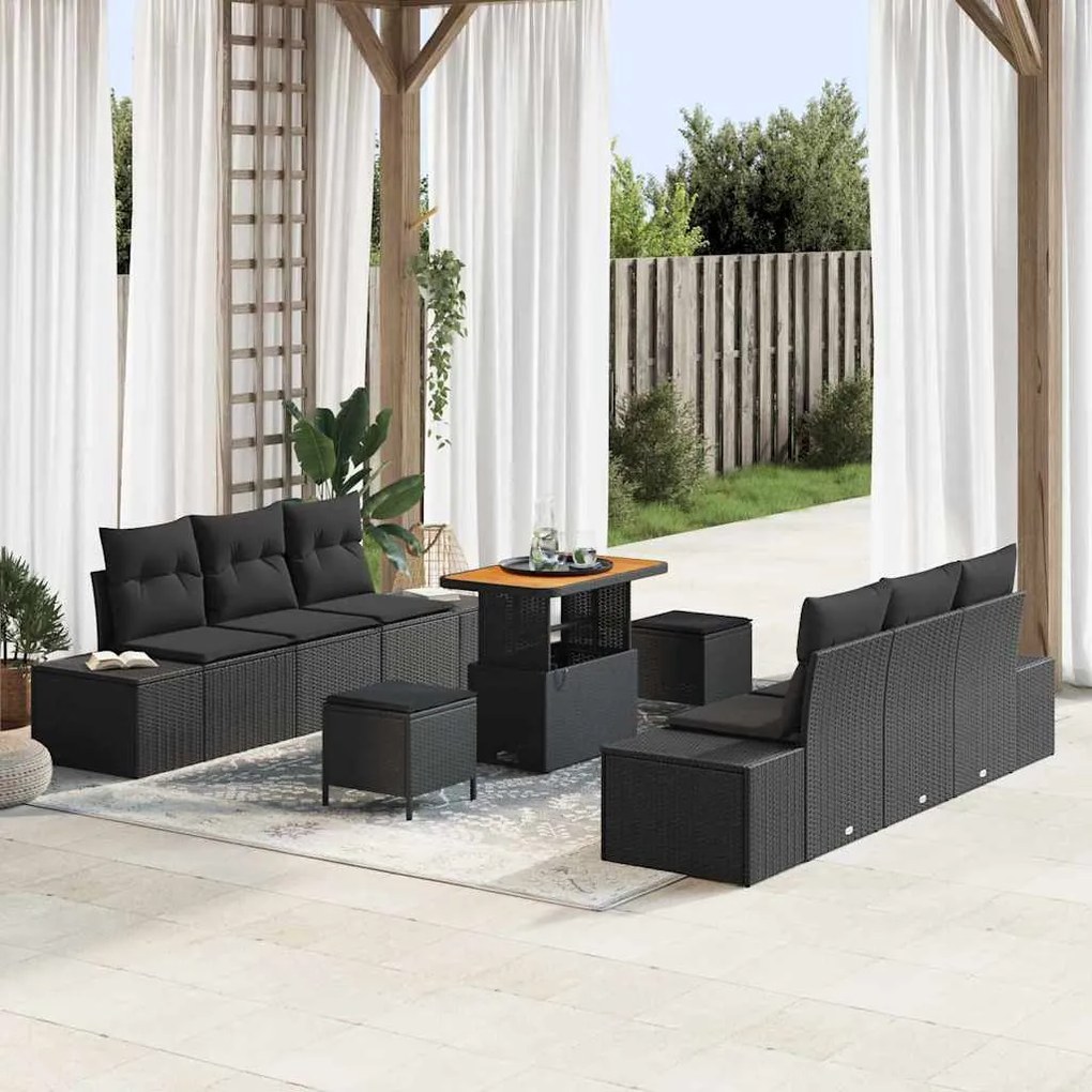 vidaXL Sofá de Jardim de 9 Peças com Almofadas Pretas