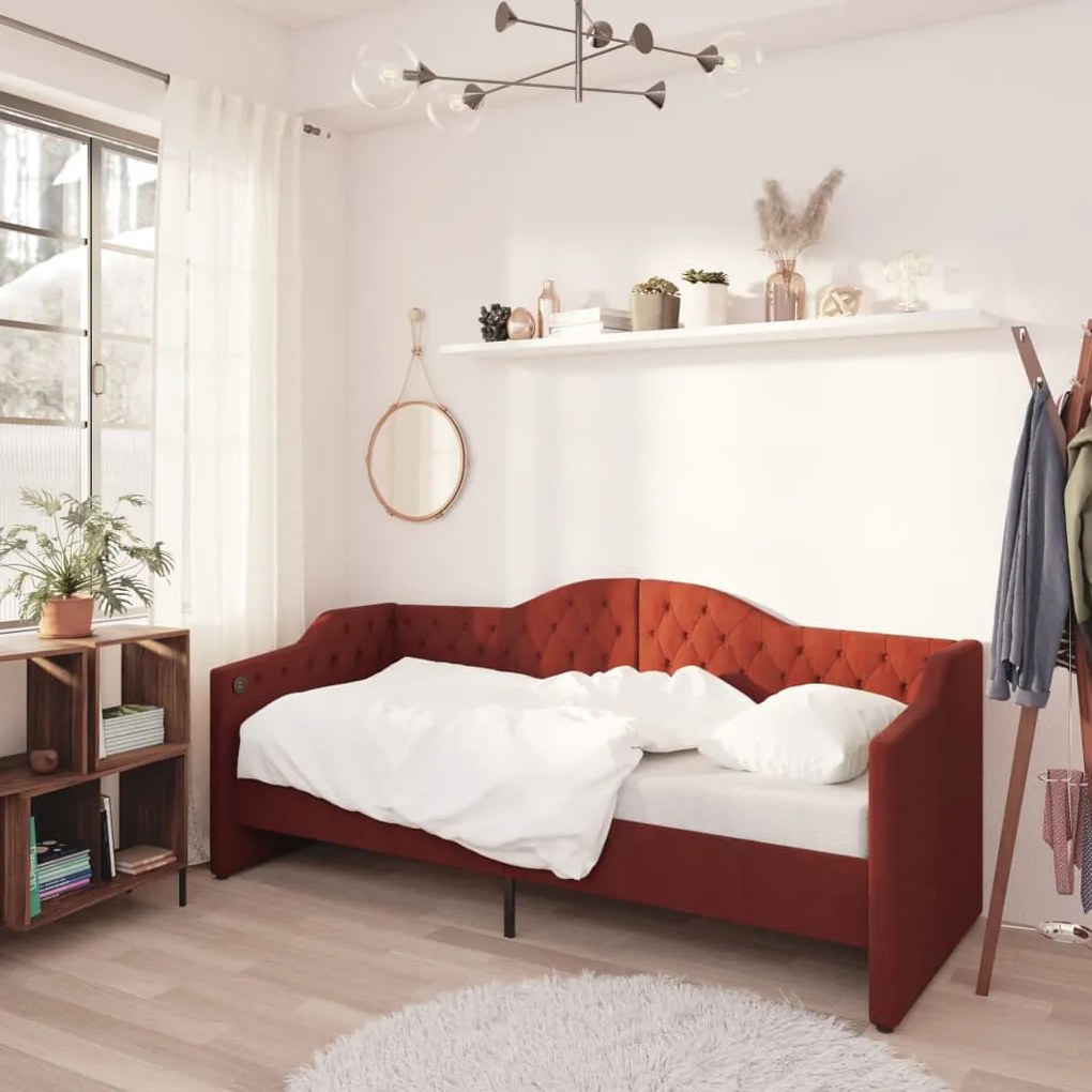 3080285 vidaXL Sofá-cama c/ colchão e saída USB 90x200cm tecido vermelho tinto