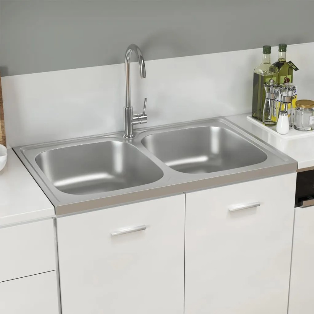 147234 vidaXL Lava-louça cozinha + cuba dupla 800x500x155mm aço inox prateado