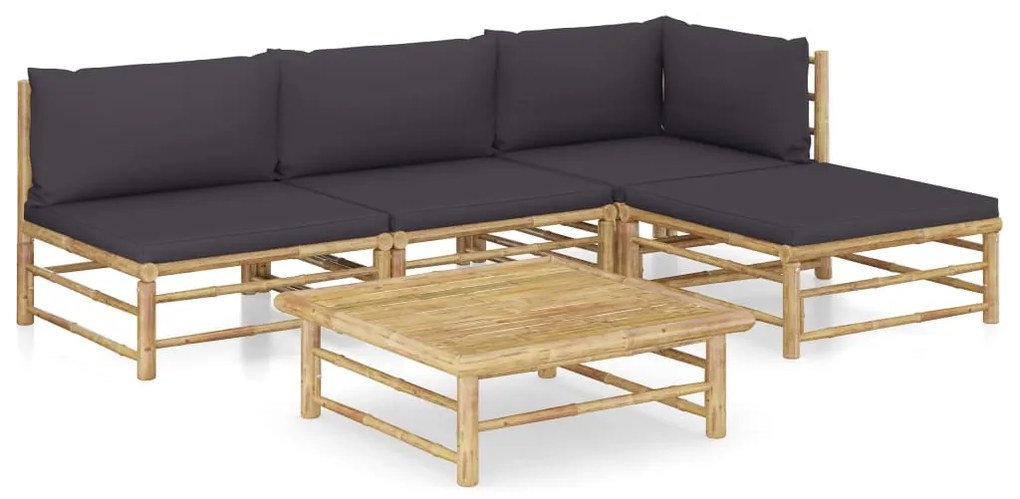 5 pcs conj. lounge jardim em bambu c/ almofadões cinza-escuro