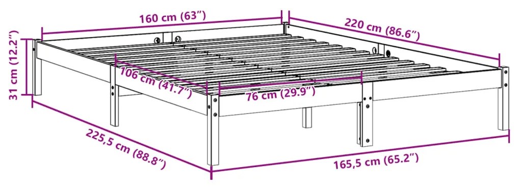 Cama extra longa sem colchão 160x220 cm madeira de pinho maciça