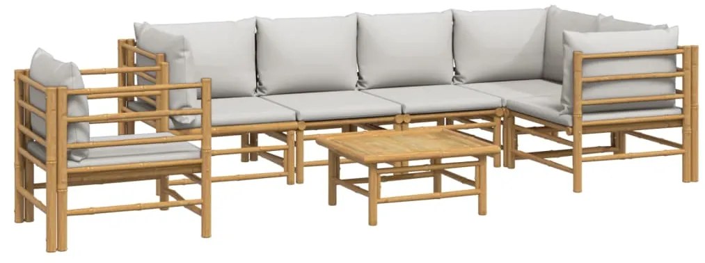 7 pcs conj. lounge de jardim bambu c/ almofadões cinzento-claro
