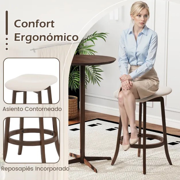 Conjunto de 2 bancos giratórios de bar sem encosto com assentos estofados e apoio para os pés para sala de jantar 46 x 43 x 74 cm Castanho