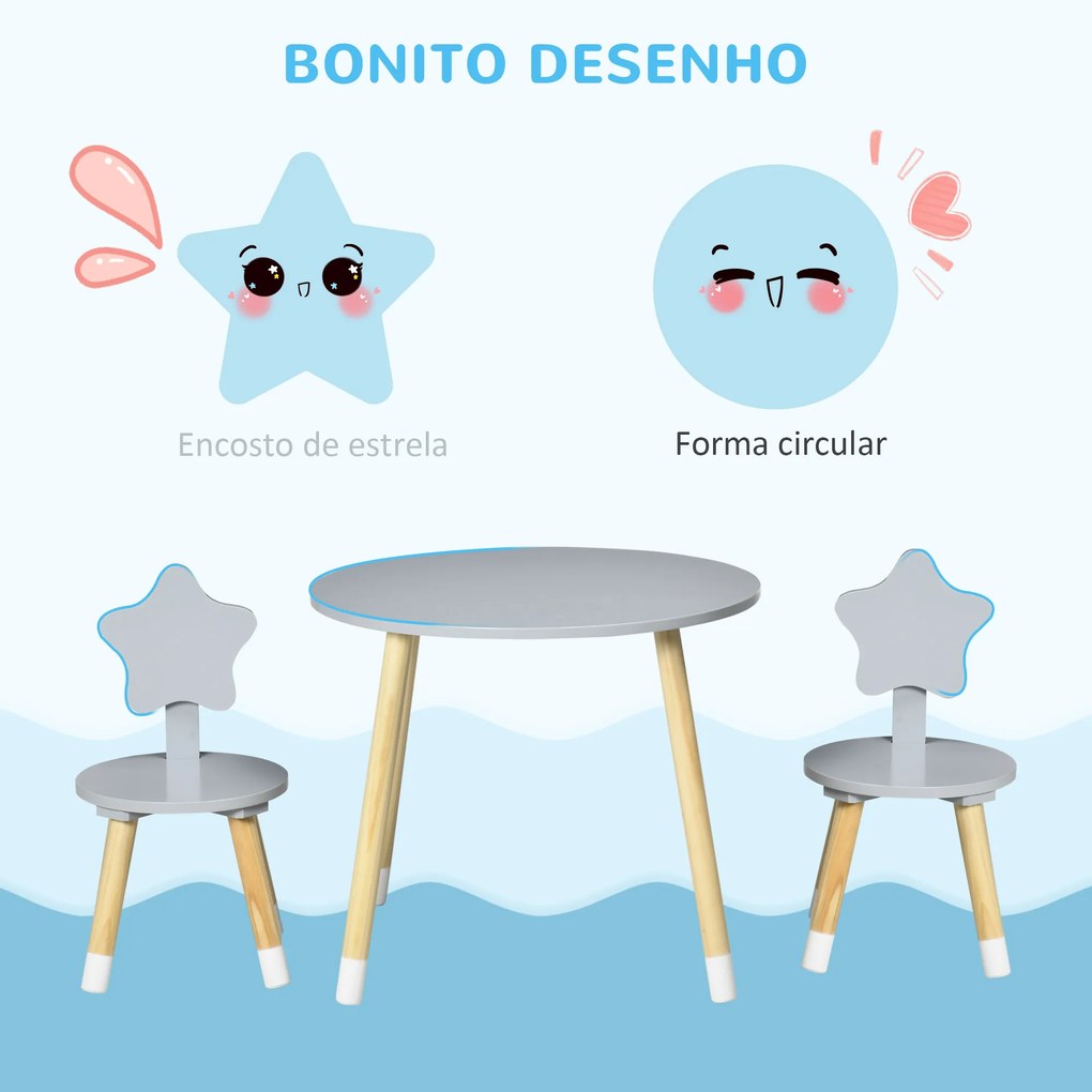 HOMCOM Conjunto de Mesa e 2 Cadeiras de Madeira para Crianças com Mesa Redonda Ø59x50cm e Cadeiras Ø28x51 Mobiliário Infantil para Sala de Jogos Quarto Cinza e Madeira
