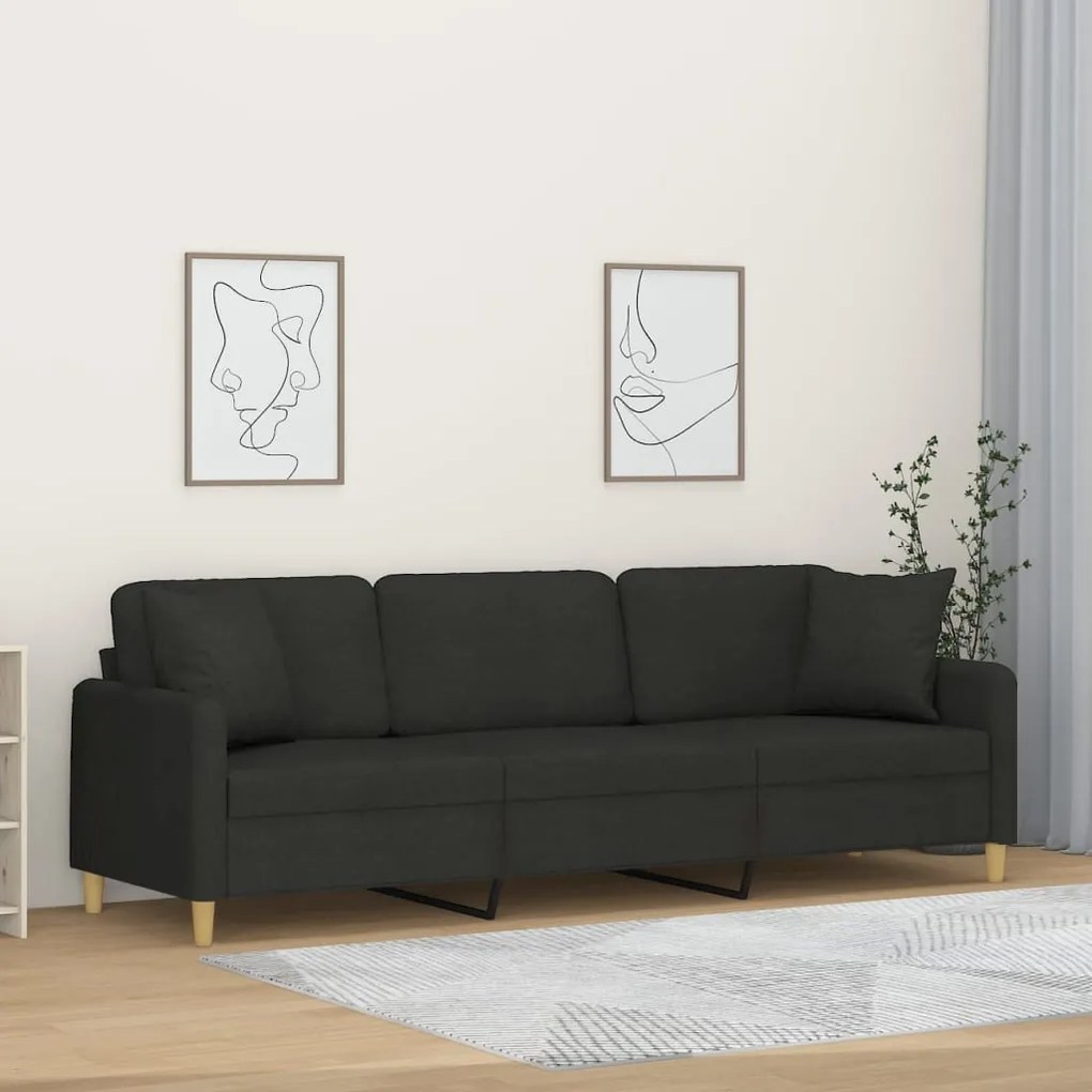 vidaXL Sofá de 3 lugares c/ almofadas e almofadões 210 cm tecido preto