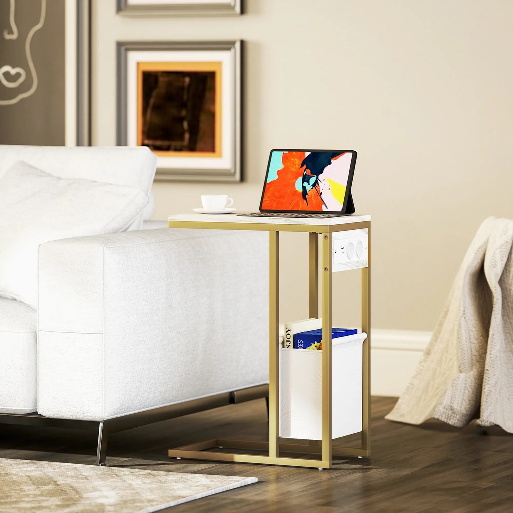 Mesa auxiliar em forma de C com estação de carregamento, saco de arrumação em tecido e tampo com efeito de mármore, 46 x 25 x 62,5 cm, branco e dourad