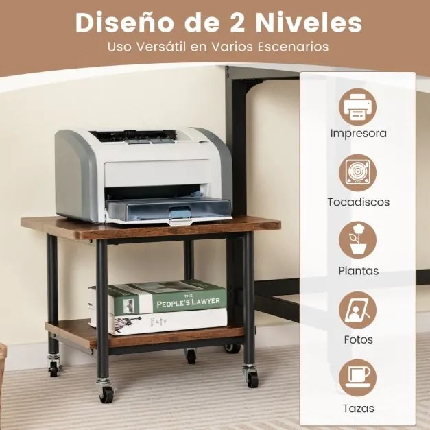 Mesa para impressoras com 4 rodas e mecanismo de bloqueio Carrinho com rodas e Estante 49 x 40 x 38 cm-Castanho