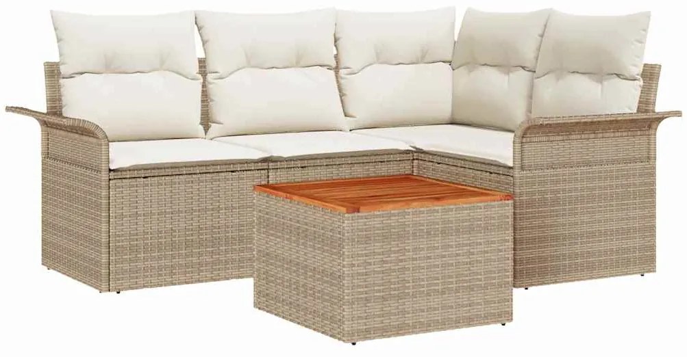 Conjunto de Sofá para Jardim com 5 Peças e Almofadas Beiges em Rattan