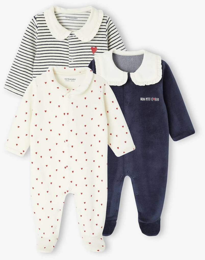Lote de 3 pijamas "corações", em veludo, para recém-nascido azul-noite