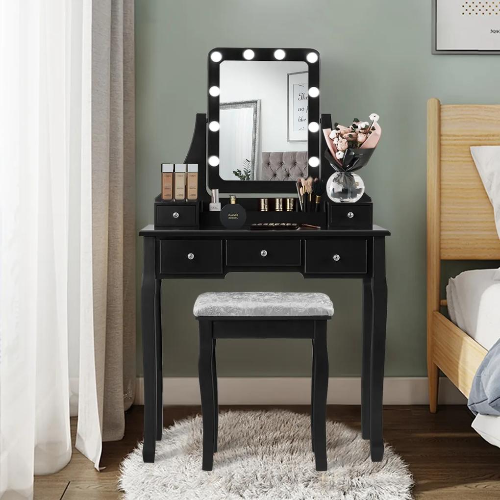 Mesa de toucador com espelho rectangular e banco com 10 lâmpadas LED 80 x 40 x 135,5 cm Preto