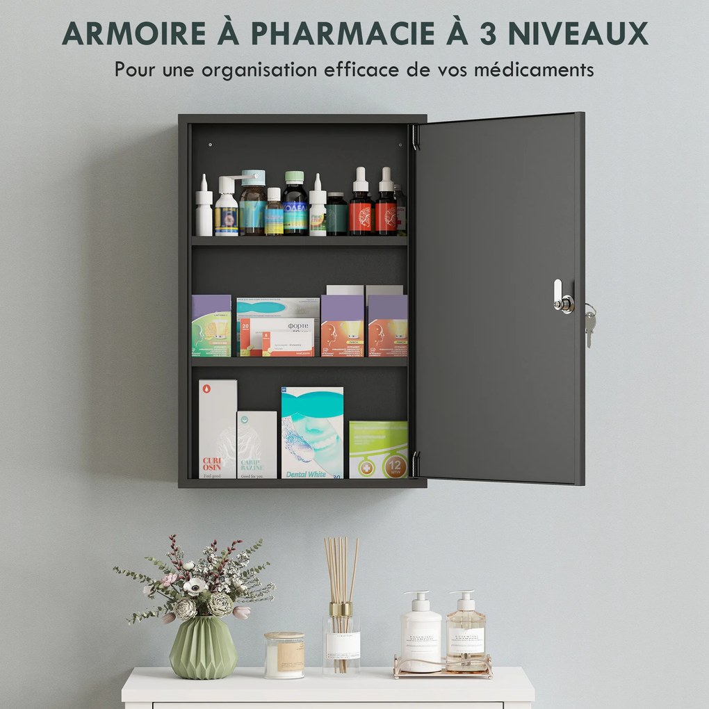 Armário de Medicamentos de Parede, 40 x 18 x 60 cm, com Fechadura, Preto