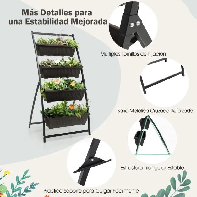 Floreira/horta elevada de 4 níveis e orifícios de drenagem, jardineira para verduras, ervas e flores (76 x 70,5 x 160 cm)