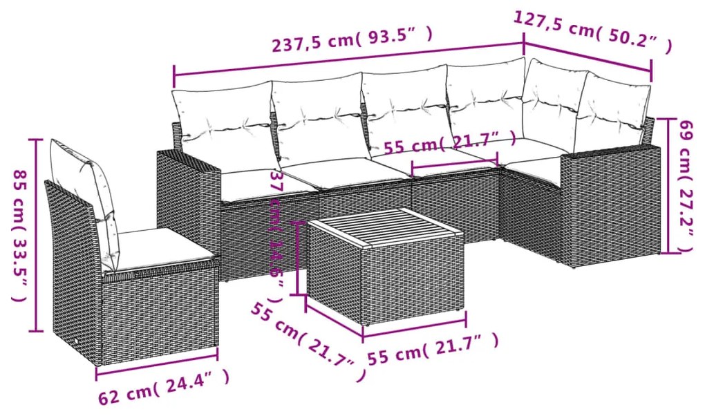 7 pcs conjunto sofás p/ jardim c/ almofadões vime PE cinzento